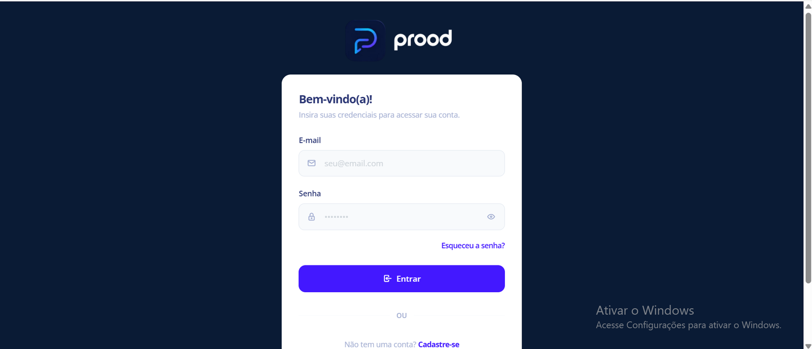 Tela de login da prood