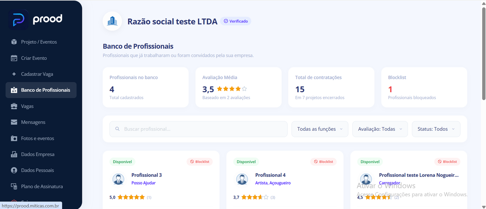 Banco de profissionais com histórico e avaliações