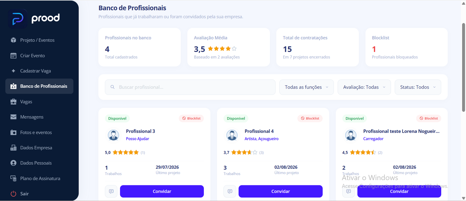 Segunda tela do banco de profissionais, filtrada