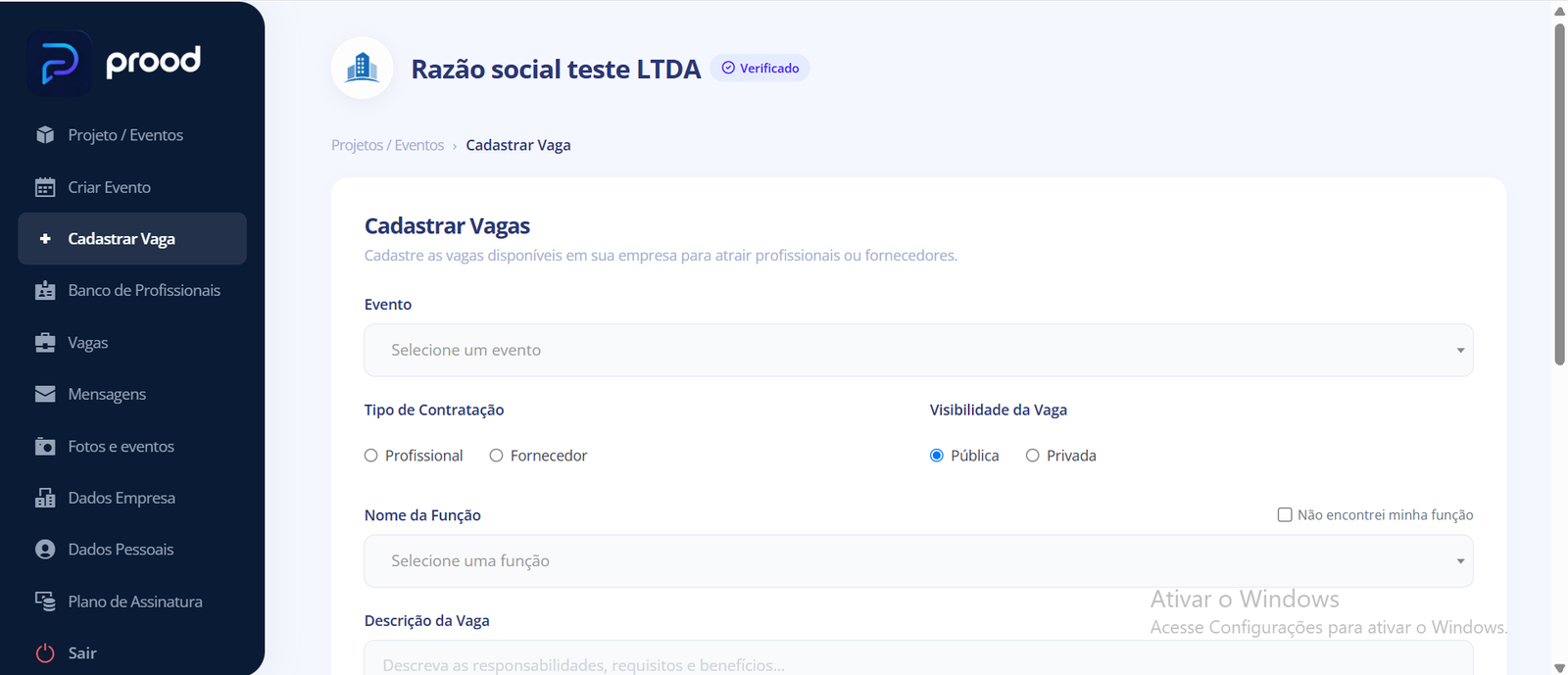 Tela de cadastro de vaga com áreas e funções