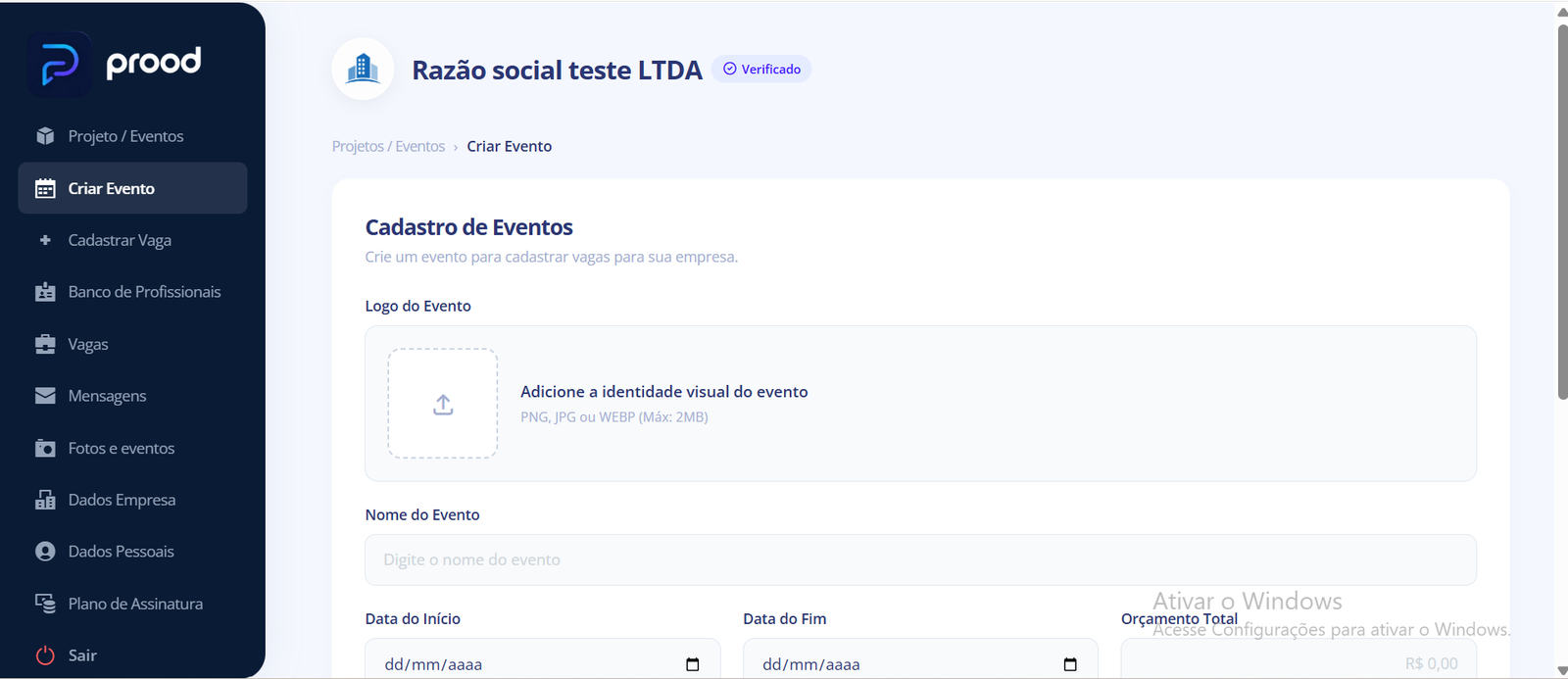 Tela de criação de evento: local, datas e orçamento