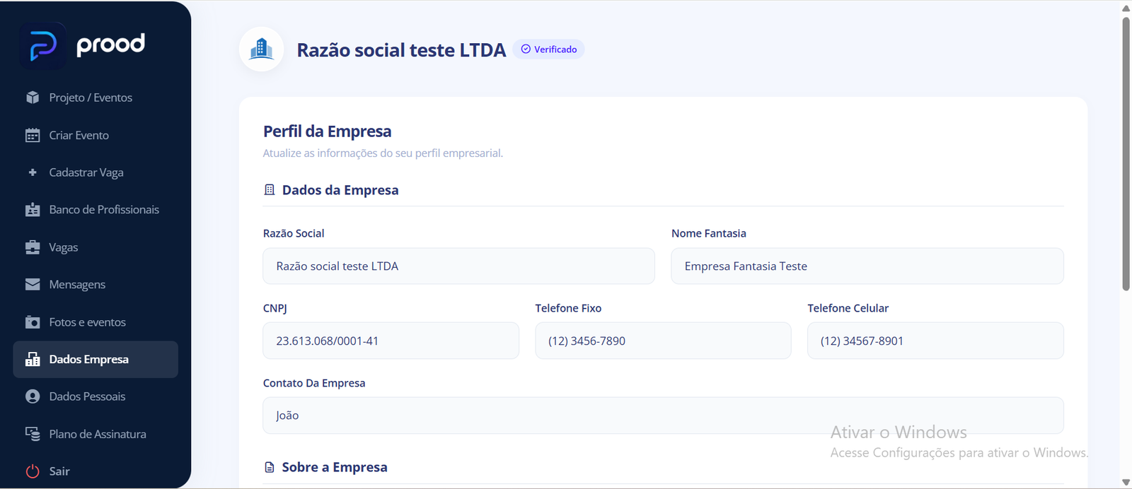 Tela de dados cadastrais da empresa