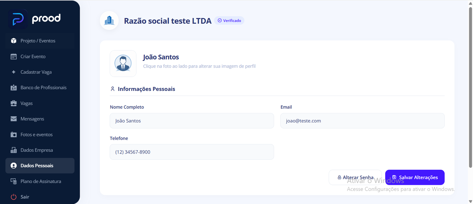 Tela de dados pessoais do perfil da empresa