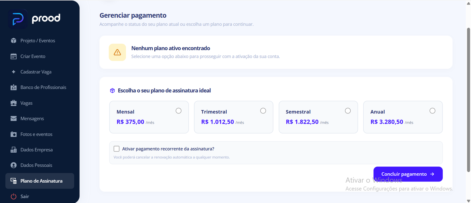 Tela de plano de assinatura sem plano ativo