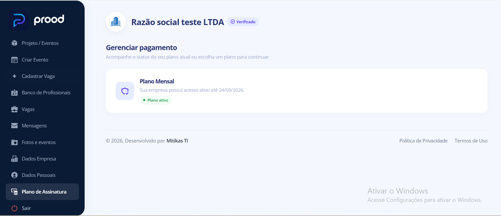 Tela do plano de assinatura da empresa