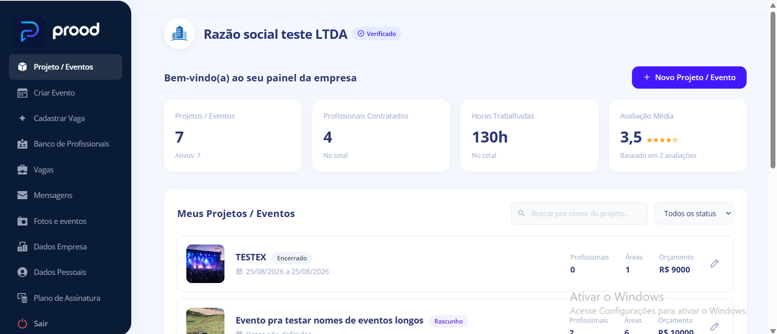Tela de Projetos da prood: lista de eventos da empresa produtora