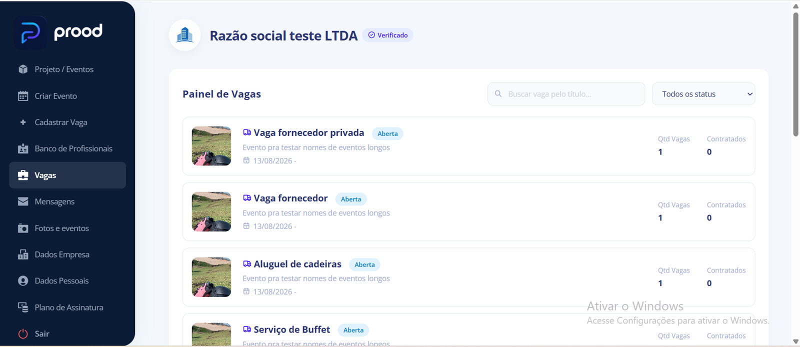Lista de vagas abertas pela empresa produtora