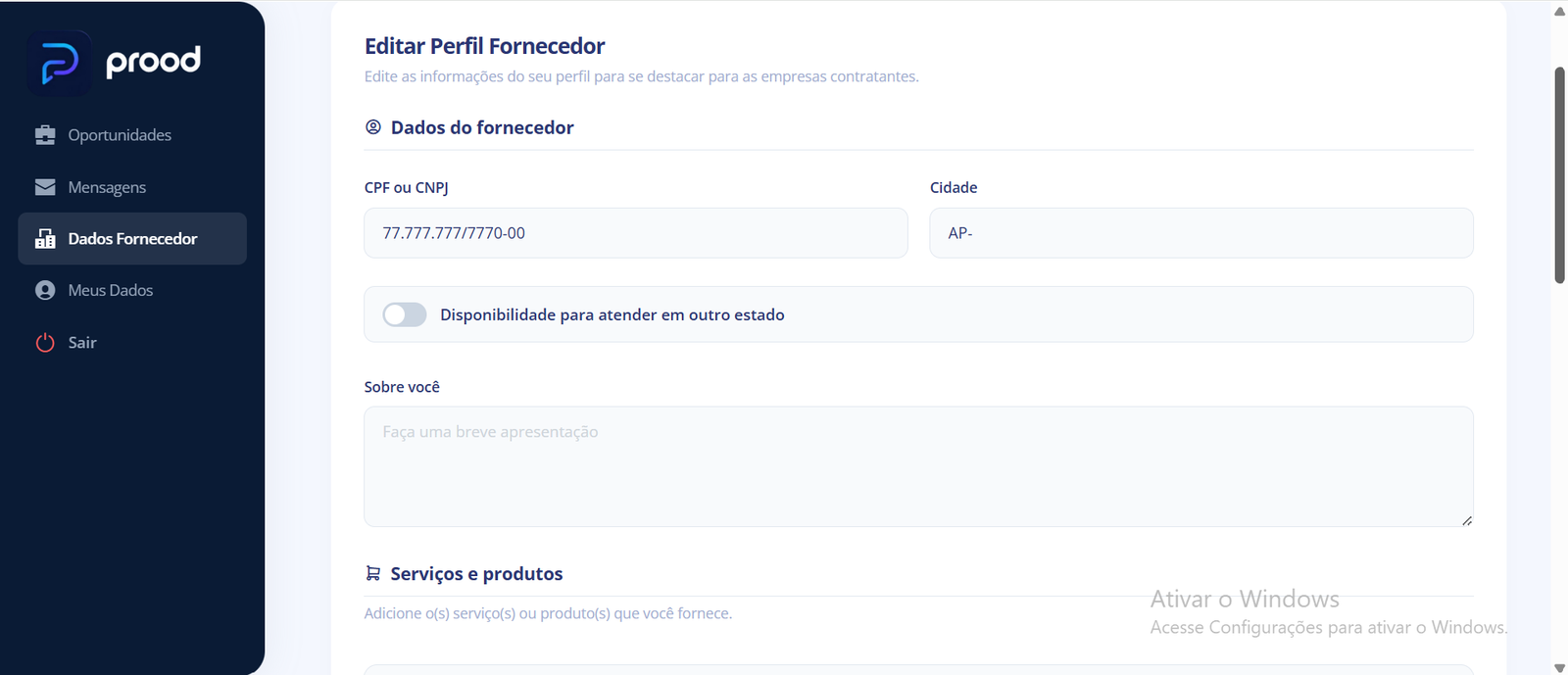 Cadastro de dados do fornecedor