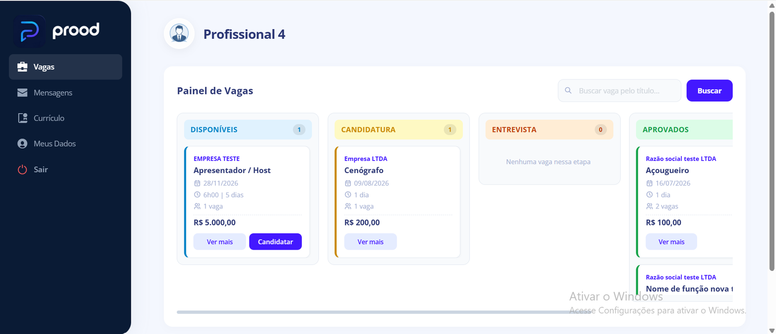 Lista de vagas disponíveis para o profissional